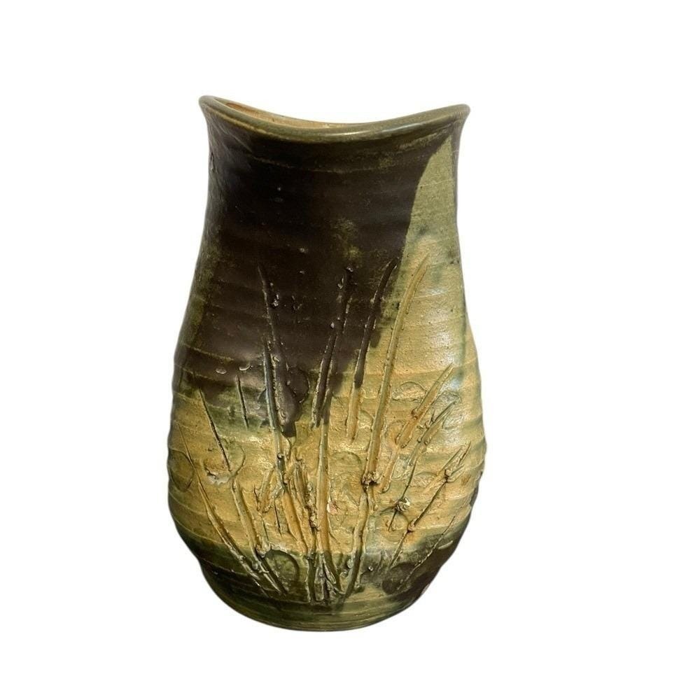 Studio Pottery Signed Handcrafted Ceramic Vase Green Brown Textured Wheat Motif